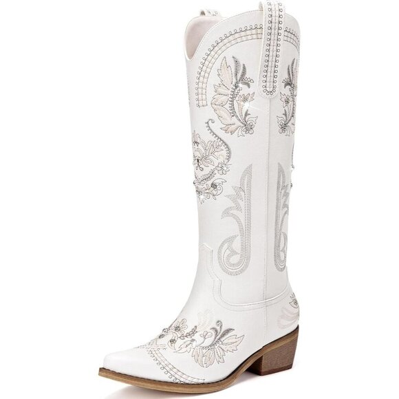 Shoes - Women Faux Leather White Glitter Sparkly Rhinestone Embroidery Pointed Boots